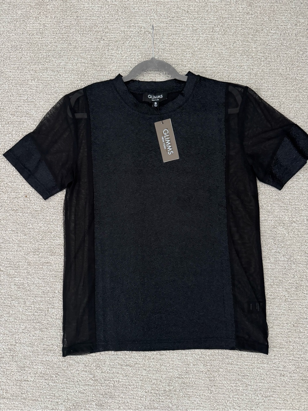 Differio/Glimms New York black shimmery short-sleeve top with sheer mesh Side Sm